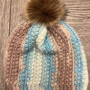 Striped Knit Beanie with Pom Pom
